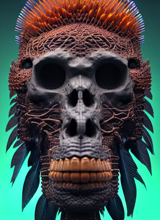 Image similar to 3 d ape shaman profile portrait, sigma 5 0 0 mm f / 5. beautiful intricate highly detailed quetzalcoatl skull and feathers. bioluminescent, plasma, lava, ice, water, wind, creature, thunderstorm! artwork by tooth wu and wlop and beeple and greg rutkowski, 8 k trending on artstation,