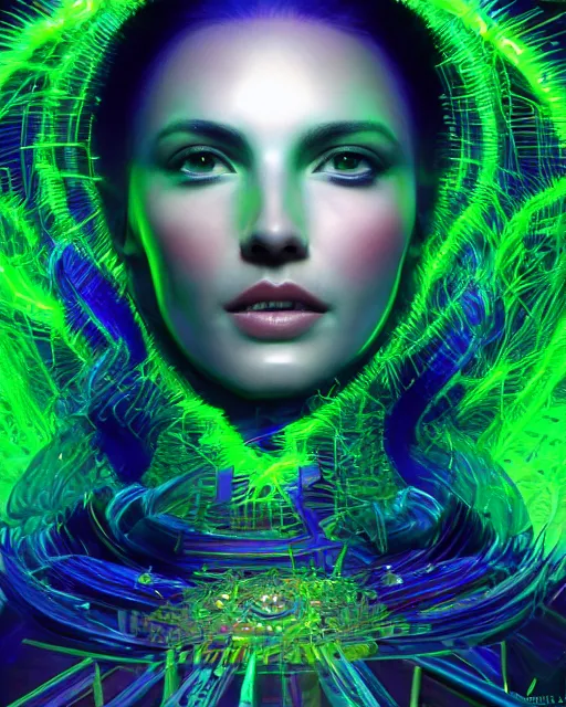 Image similar to a powerful energy psychedelic matrix goddess, by alexander fedosav, hyper detailed digital matte painting, concept art, hyperrealism, 1 6 k resolution, cinema 4 d, 8 k resolution, trending on artstation, behance hd, a masterpiece, by stephan martiniere, particles, cel - shaded, power bright neon energy, by david a. hardy,