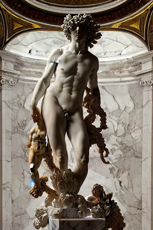 Image similar to Epic and painful view of Italian Renaissance Gargula statue sculpted on white stained marble by Bernini and kris kuksi, Bastien Lecouffe-Deharme, Maxfield Parrish, Mucha and Artem Demura