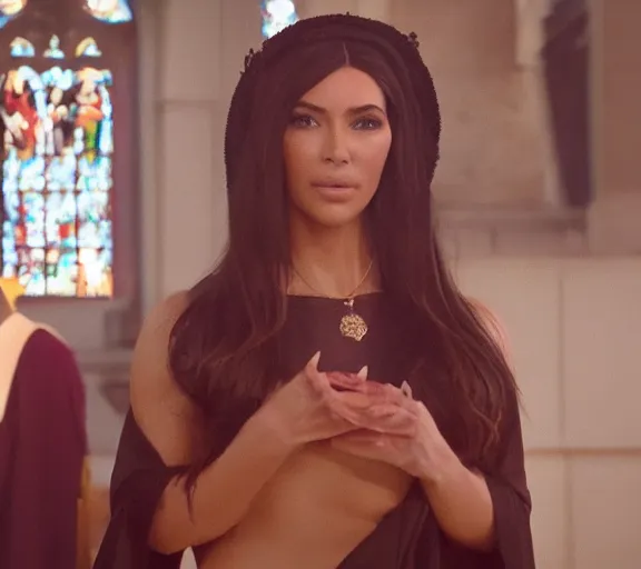 Prompt: a movie still of kim kardashian as a nun with her bust slightly showing. backround : church interior