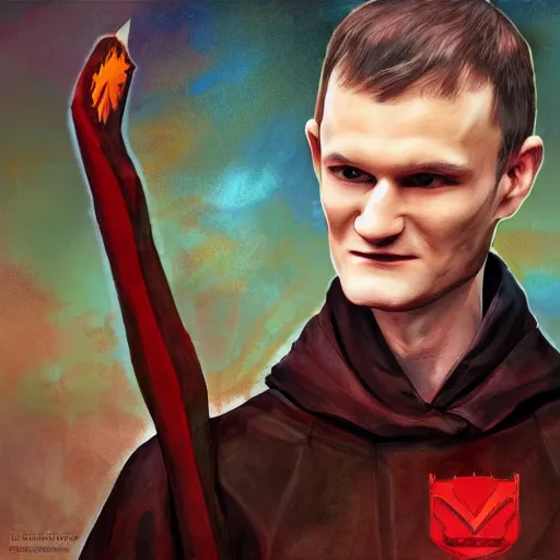 Image similar to Vitalik Buterin as a overlord in the style of Marc Simonetti