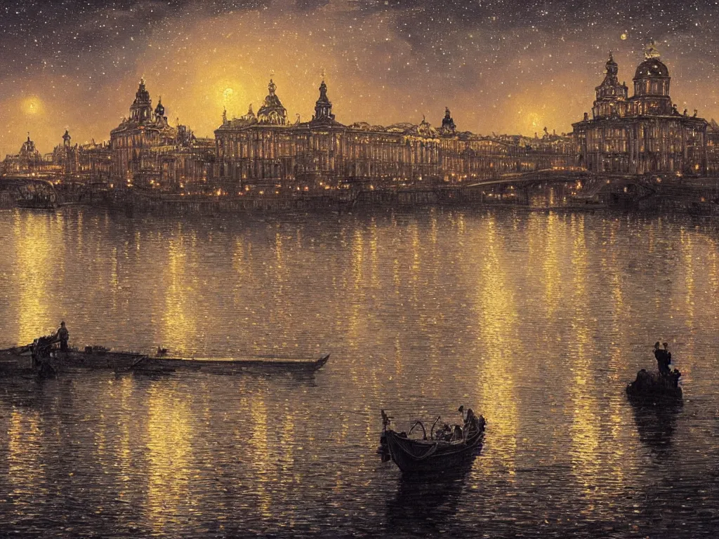 Image similar to a view from the neva river in saint petersburg at night with the sky full of stars, intricate, elegant, highly detailed, digital painting, artstation, concept art, smooth, sharp focus, colored illustration for tattoo, art by krenz cushart and artem demura and alphonse mucha,