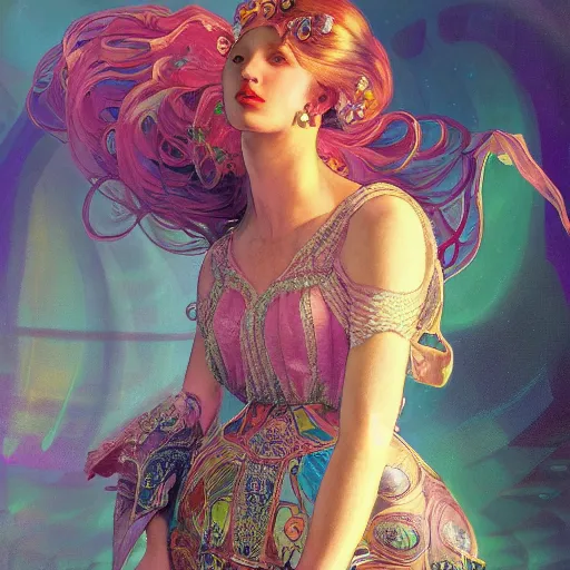 Prompt: a highly detailed portrait of a futuristic princess, neon colored dress, beautiful detail and color, art by john collier and albert aublet and krenz cushart and artem demura and alphonse mucha, volumetric lighting, octane render, 4 k resolution, matte, sharp focus, illustration, art by jacque - louis david, baroque style