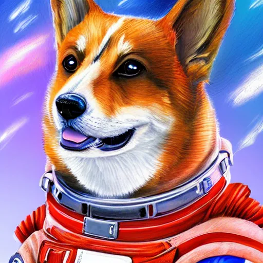 Prompt: dramatic digital painting of a majestic corgi cosmonaut, highly detailed, cinematic, intense, dynamic, beautiful