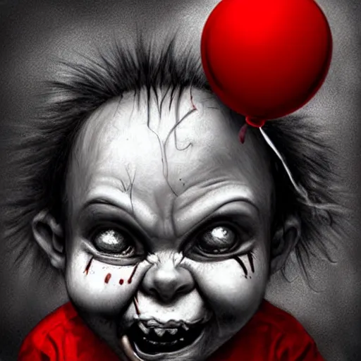 Image similar to surrealism grunge cartoon portrait sketch of chucky with a wide smile and a red balloon by - michael karcz, loony toons style, comic book style, horror theme, detailed, elegant, intricate