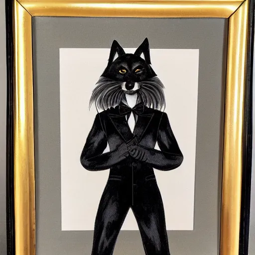 Image similar to male anthro black fox furry fursona with a mullet in a spanish style tuxedo, 1 9 7 0 s framed photograph, painted by riley moreau