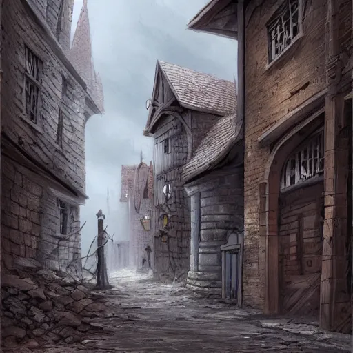 Prompt: medieval town street, gloomy, abandoned, crumbling, dilapidaed, concept art, artstation, illustration