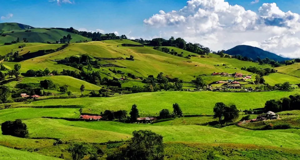 Image similar to verdant valley and rolling hills reminiscent of hobbiton, the lord of the rings