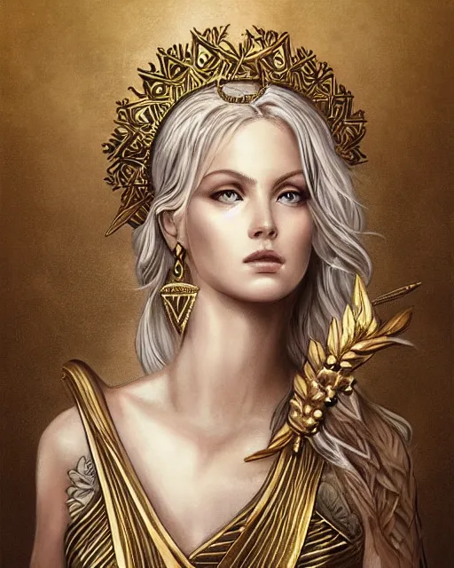 Image similar to tattoo design sketch of cute beautiful blonde super model as aphrodite greek goddess wearing a gold laurel wreath and triangle earrings, beautiful piercing gaze with sharp pupils, in the style of greg rutkowski, fantasy, amazing detail, epic, elegant, smooth, sharp focus, front view