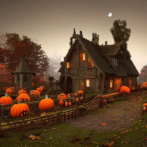 Image similar to a highly detailed old english tudor cottage in a scary pumpkin patch and graveyard, volumetric, fall colors, night, dead tree forest, pumpkins, moon, photorealistic, insanely detailed and intricate, epic scene, volumetric haze, hyper realistic, elegant, ornate, elite, horror, creepy, ominous, haunting, cinematic lighting, unreal engine, symmetrical, cinematic centered camera, high detail