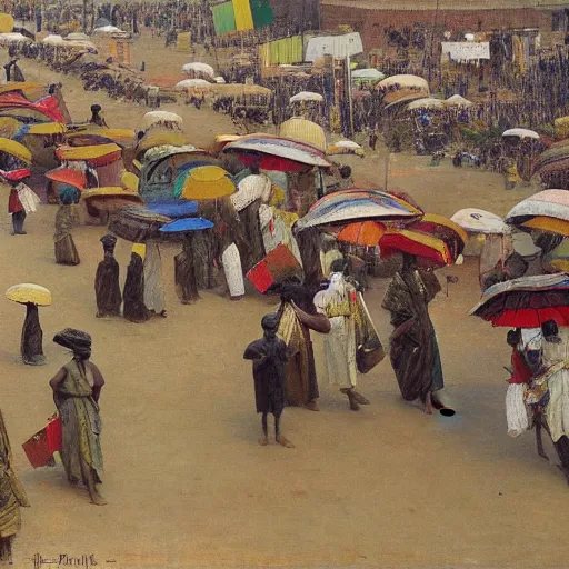Image similar to dahomey officials with flat colorful umbrellas in ahomey's huge main square, from above, 1905, highly detailed, oil on canvas, by ilya repin