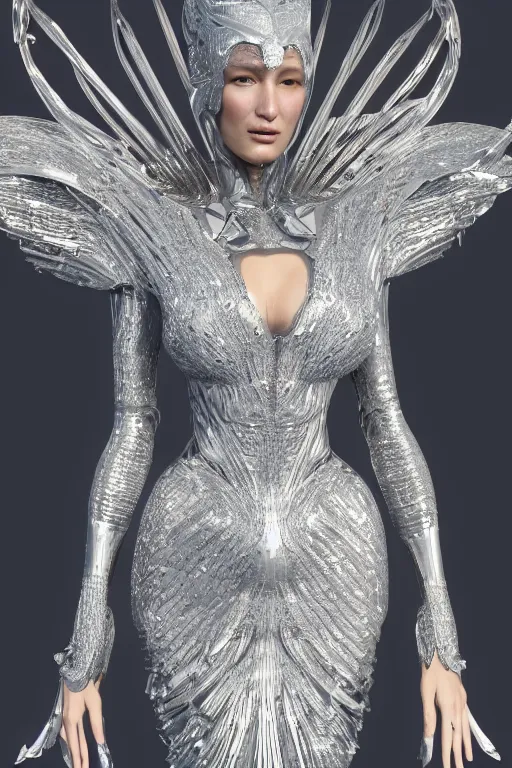 Prompt: a highly detailed 4 k render of a beautiful angel alien goddess bella hadid in iris van herpen dress armor schiaparelli in diamonds in style of alphonse mucha trending on artstation made in unreal engine 4