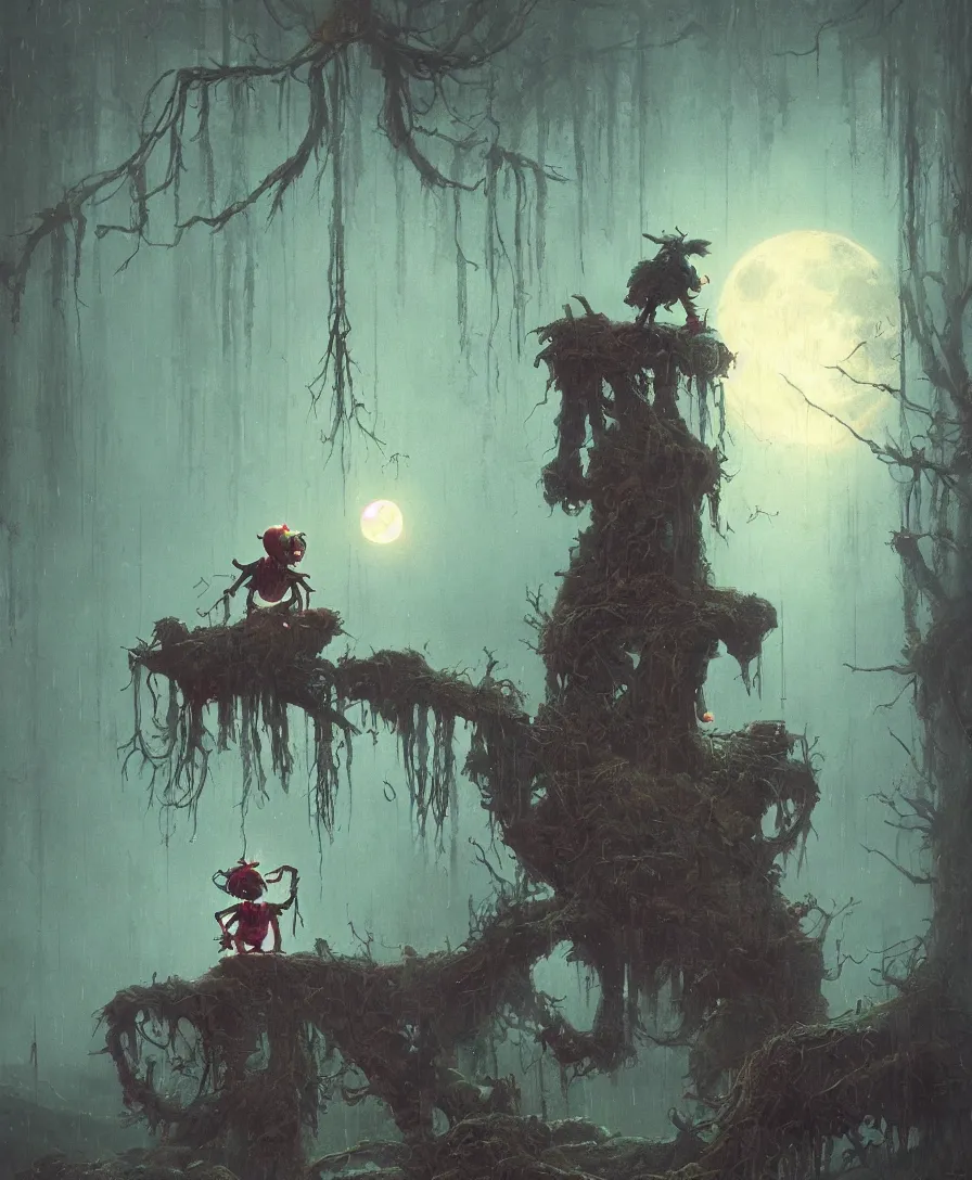 Image similar to time like these, sad skull clown, raining, full moon, illustrated by Simon Stålenhag and Gaston Bussiere, beautiful volumetric lighting style atmosphere, intricate, ultra detailed, photorealistic, trending on artstation, 4k, 8k