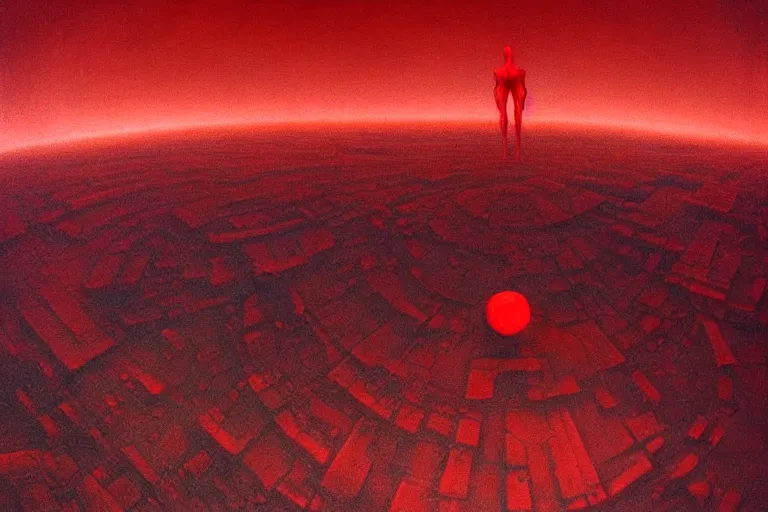 Prompt: only with red, a red god of death eat apple, a futuristic city on mars in background, floor are worms, in the style of beksinski, part by hopper, part by rodcenko, part by hofbauer, intricate composition, red by caravaggio, insanely quality, highly detailed, masterpiece, red light, artstation