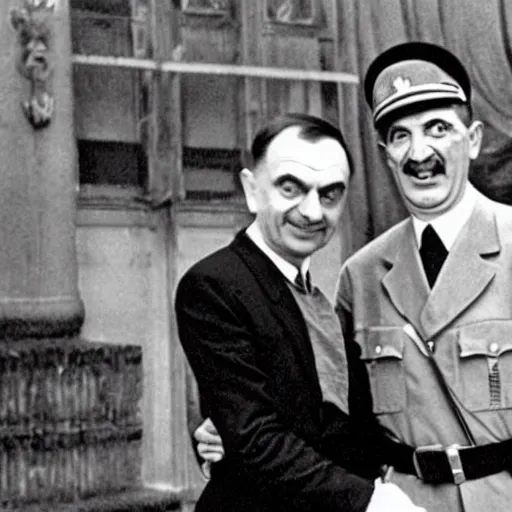 Image similar to A still of Mr Bean shaking hands with Hitler