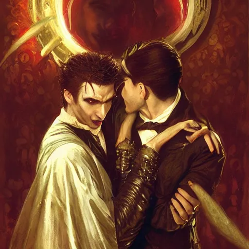 Image similar to attractive male, arthur pendragon confesses his love to attractive male dracula the vampire. highly detailed painting by gaston bussiere, craig mullins, j. c. leyendecker 8 k