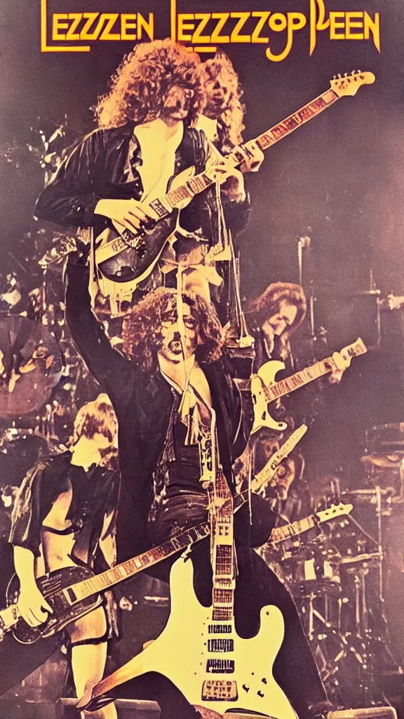 Prompt: Led Zeppelin concert poster circa 1969, Madison Square Garden, colorized, Jimmy Page playing double neck guitar, drum kit, highly detailed