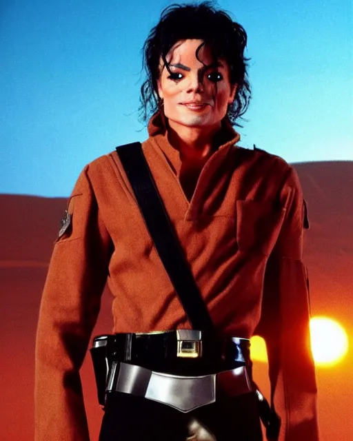 Image similar to michael jackson, as luke skywalker, with his landspeeder, beautiful tatooine desert at sunset, michael jackson is 1 6 years old and normal looking and handsome, not wearing any makeup