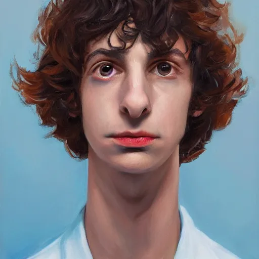 Image similar to a portrait of finn wolfhard as a robot, oil painting, pale colors, high detail, 8 k, wide angle, trending on artstation,