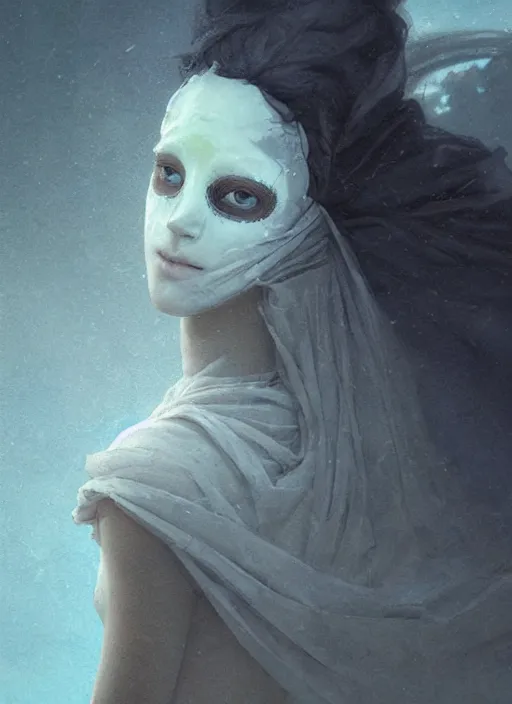 Prompt: close up of a veiled half scull mask girl on the ruins temple, looking at the camera curiously, smog on the floor, extremely beautiful and aesthetic and attractive detailed face and body, chiaroscuro, dynamic pose, fantasy illustrations, by makoto shinkai and jeremy lipking and ferdinand knab