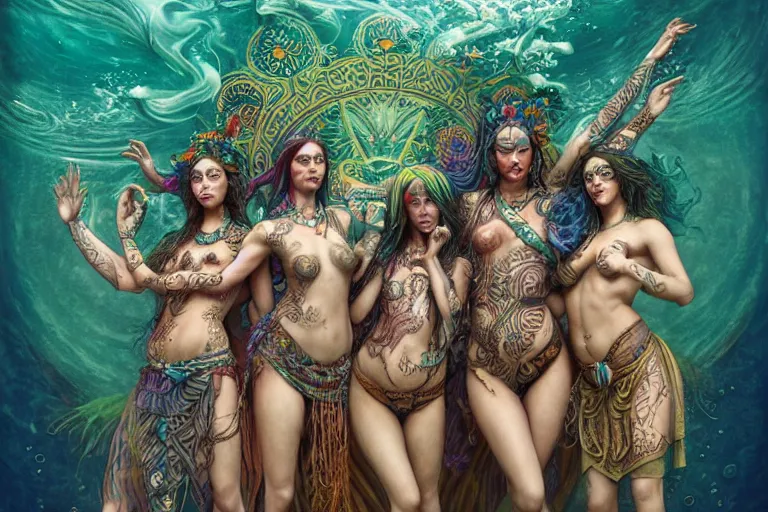 Image similar to a centered full body render of goddess festival hippies with tribal tattoos surrounded by a underwater ink pour and flowing liquid galium and sacred geometry, perfect face, powerful, cinematic, beautifully lit, by artgerm, by karol bak, by donato giancola, 3 d, trending on artstation, octane render, 8 k