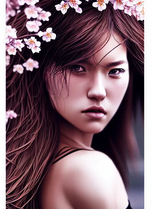 Image similar to photo of a gorgeous female with messy hair in the style of stefan kostic, realistic, body shot, sharp focus, 8 k high definition, insanely detailed, intricate, elegant, art by stanley lau and artgerm, cherry blossoms