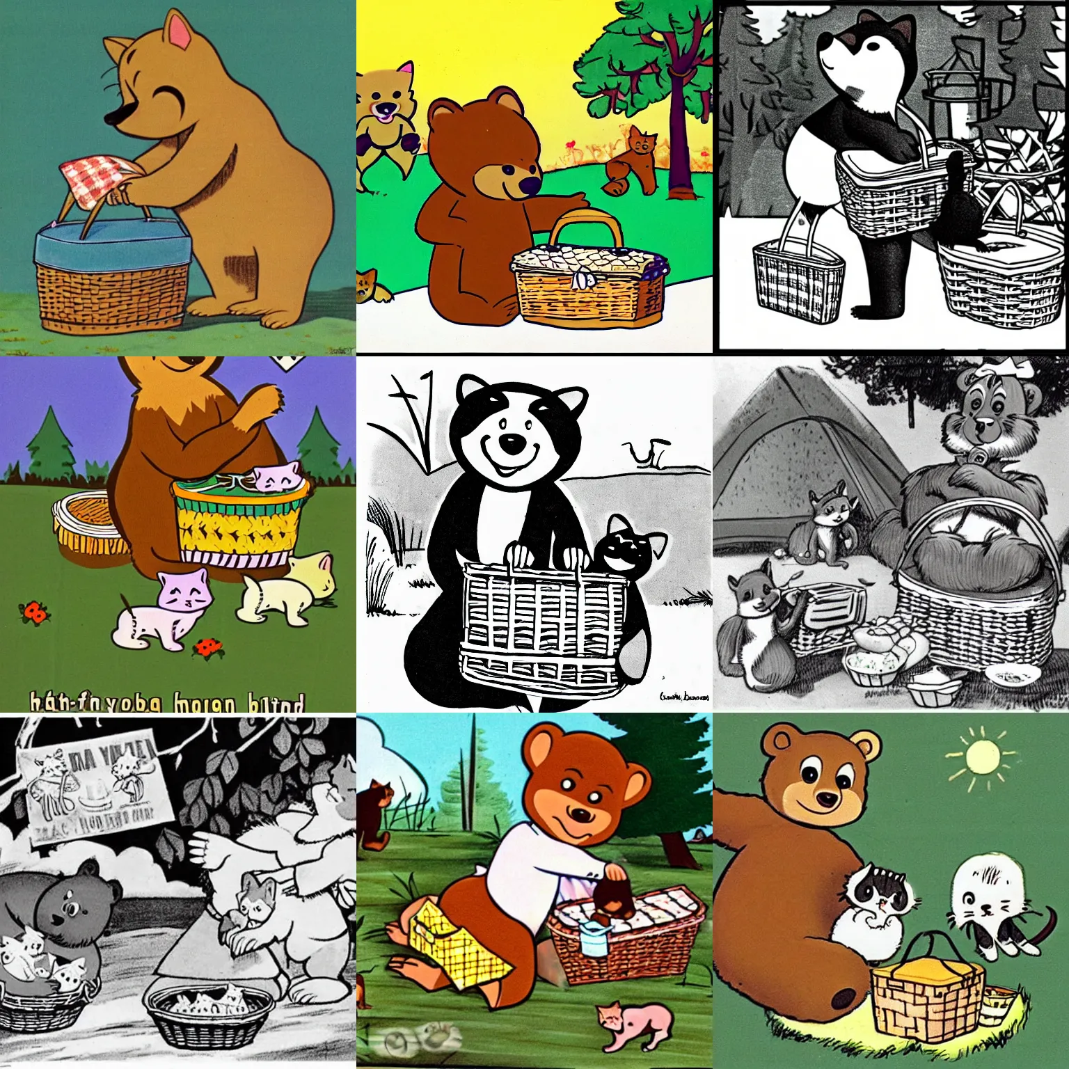 Prompt: Yogi Bear stealing a picnic basket full of kittens, 1960s Hanna-Barbara cartoon, adorable