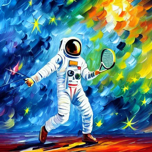 Prompt: painting of an astronaut playing tennis in a scenic cosmic environment by leonid afremov, astronaut suit, astronaut