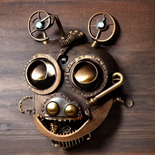 Prompt: steampunk mechanical cat head, bronze, gears, on a wooden table