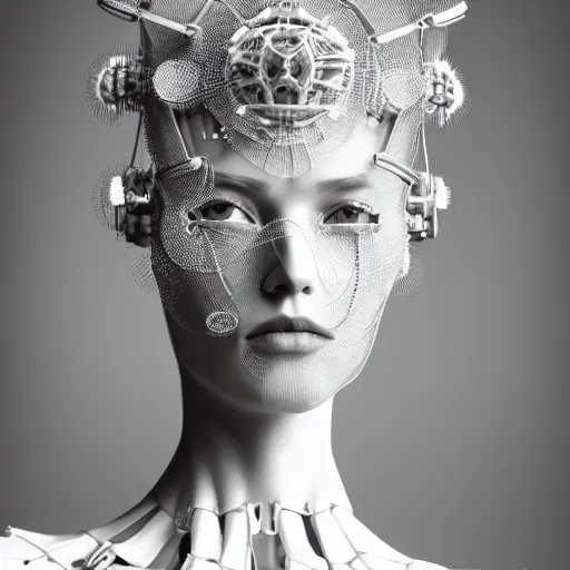 Image similar to closeup portrait of an absurdly beautiful, graceful, sophisticated, fashionable cyberpunk mechanoid gravure idol, an ultrafine hyperdetailed illustration by irakli nadar, matt wisniewski style, fashion photography, intricate linework, porcelain skin, jellyfish headdress, fractal ivory carved ruff, unreal engine 5 highly rendered, global illumination, radiant light, detailed and intricate environment