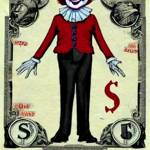 Image similar to Pennywise the clown wearing a business suit and holding a banknote in his hands, full body shot, highly-detailed