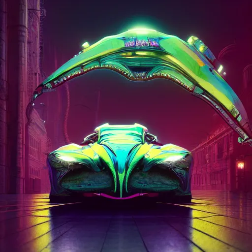 Image similar to cyborg slick colorful supercar : by michal karcz, daniel merriam, victo ngai and guillermo del toro : ornate, dynamic, particulate, intricate, elegant, highly detailed, centered, artstation, smooth, sharp focus, octane render