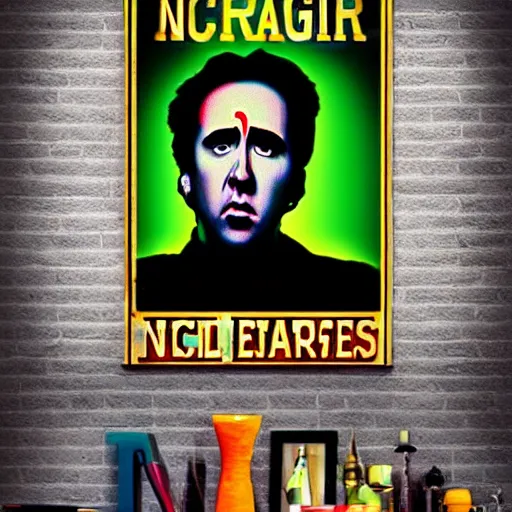 Image similar to enraged nicolas cage in hogwarts, poster, neon vibes