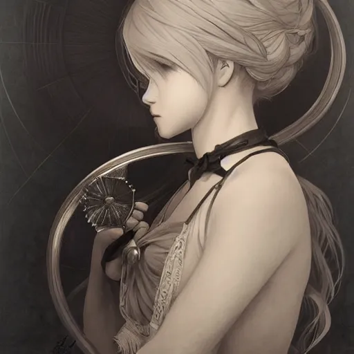 Image similar to amazing lifelike award winning pencil illustration of 2 b from nier trending on art station artgerm greg rutkowski alphonse mucha cinematic