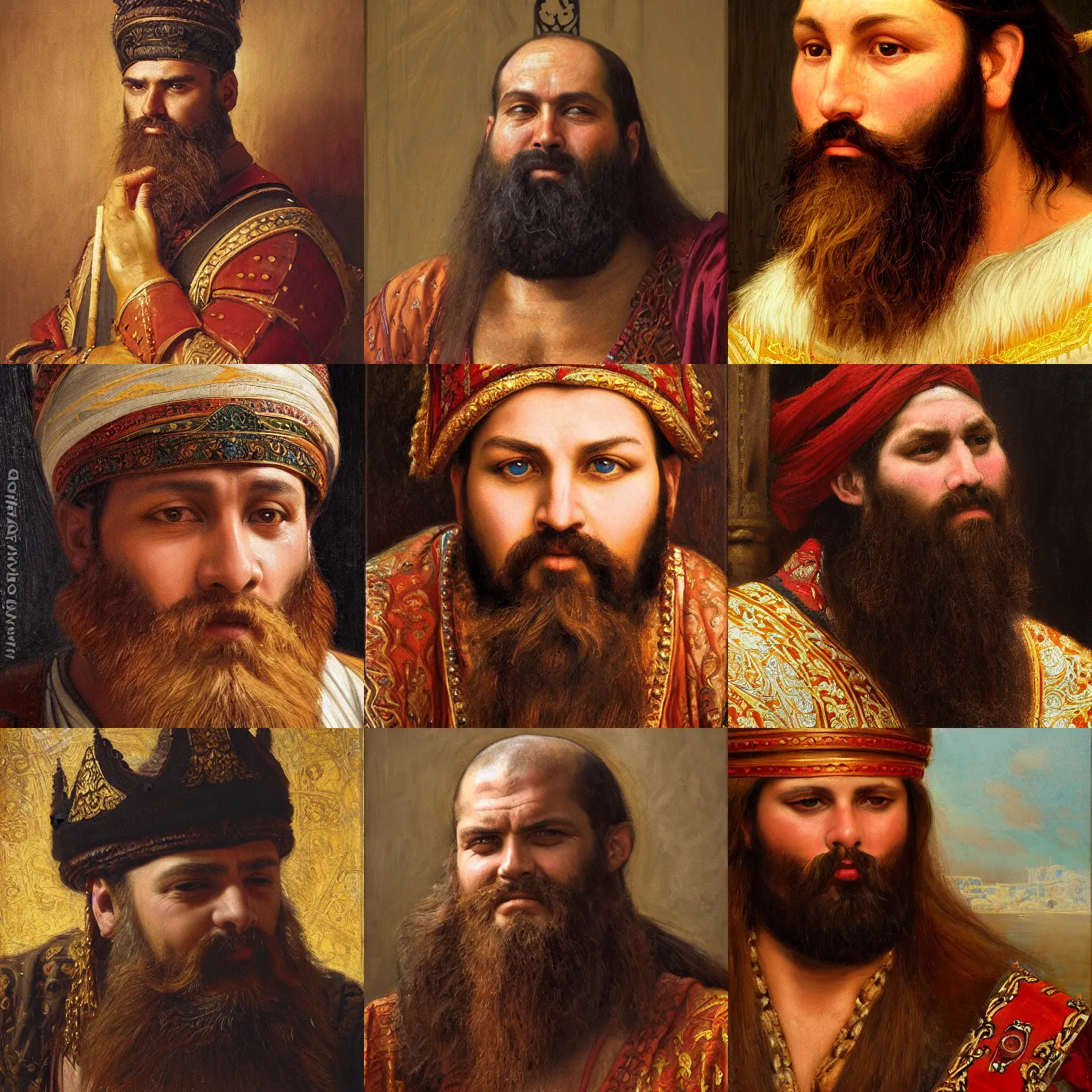 Prompt: orientalism painting of a bearded varangian guard face detail by edwin longsden long and theodore ralli and nasreddine dinet and adam styka, masterful intricate art. oil on canvas, excellent lighting, high detail 8 k