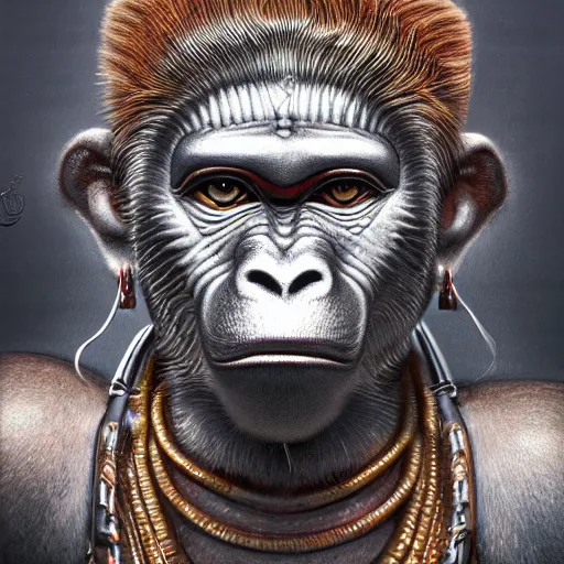 Image similar to biomechanical Hanuman , hyper-realistic portrait, intricate details, supersharp, hypermaximalist, dramatic lighting, hajime sorayama, Indian monkey god, photorealistic hanuman