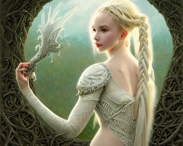 Prompt: gothic white mage blonde braided hair dove cameron wearing ethereal ivory carved bone armor looking down a well, green plants, intricate, elegant, highly detailed, digital painting, artstaion, concept art, smooth, sharp, focus, illustration, art by artgerm and greg rutkowski and alphonse mucha