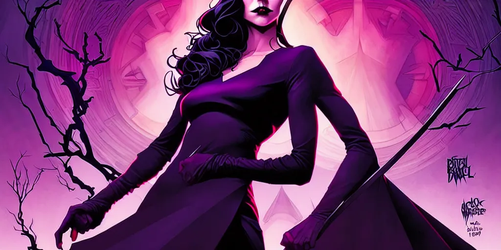 Image similar to rafael albuquerque comic cover art, artgerm, joshua middleton, pretty stella maeve witch doing black magic, serious look, purple dress, symmetrical eyes, symmetrical face, long black hair, full body, twisted evil dark forest in the background, cool colors