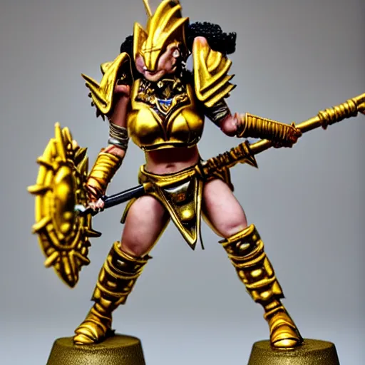 Image similar to photo of a female sauruswarrior from warhammer, golden armor, golden spear, warhammer model, figurine, highly detailed, sharp focus