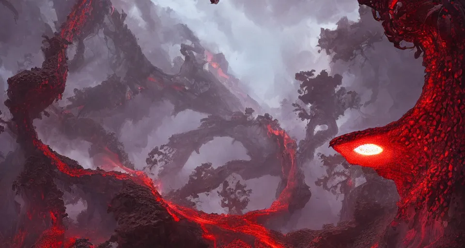 Image similar to a volcano made of ivory vines and crimson rocks enters in eruption, it spits a smoke in the shape of demonic eye, by Marc Simonetti