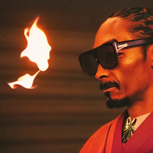 Image similar to cinematic film still of Snoop Dogg starring as a Samurai holding fire, Japanese CGI, VFX, 2022, 40mm lens, shallow depth of field, film photography