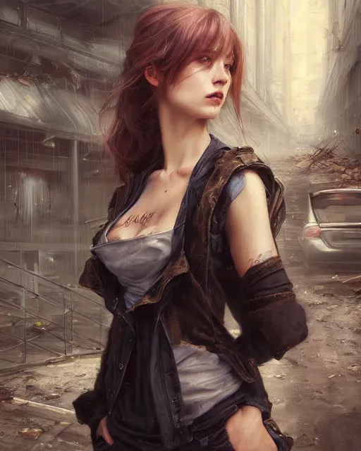 Prompt: daniel gerhartz and artgerm detailed portrait digital rococo painting of a beautiful woman wearing streetwear clothing, abandoned warehouse interior in the background, unreal engine, hyper realism, realistic shading, cinematic composition, realistic render, octane render, detailed textures, photorealistic, ultrawide shot, 3 5 mm film