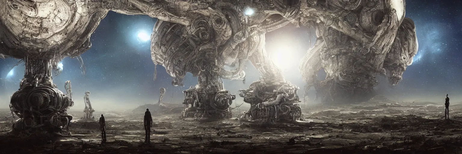 Image similar to a highly detailed digital realistic photo of aliens watching at the seventh planet from space, universe, invasion time on planet earth, digital art, cinematic, satellite imagery, 8 k, super - resolution, by h. r. giger, by ismail inceoglu, by karol bak, unreal engine, blue white colors,