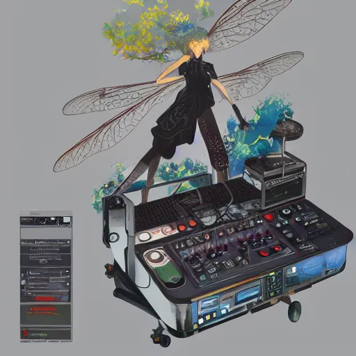 Image similar to surreal gouache painting, by yoshitaka amano, by ruan jia, by Conrad roset, by good smile company, detailed anime 3d render of transparent resin egg with a magical dragonfly inside. Surrounded by a big DJ Mixer, deck, portrait, cgsociety, artstation, rococo mechanical and Digital and electronic, dieselpunk atmosphere