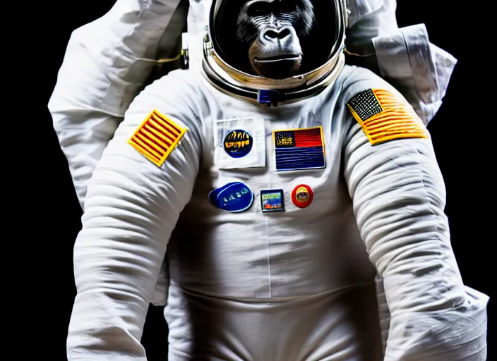 Image similar to studio photo still of a full body gorilla in a space suit, 8 k, studio lighting, key light from right side,