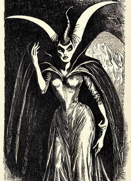 Image similar to maleficent as a demon from the dictionarre infernal, etching by louis le breton, 1 8 6 9, 1 2 0 0 dpi scan, ultrasharp detail, clean scan