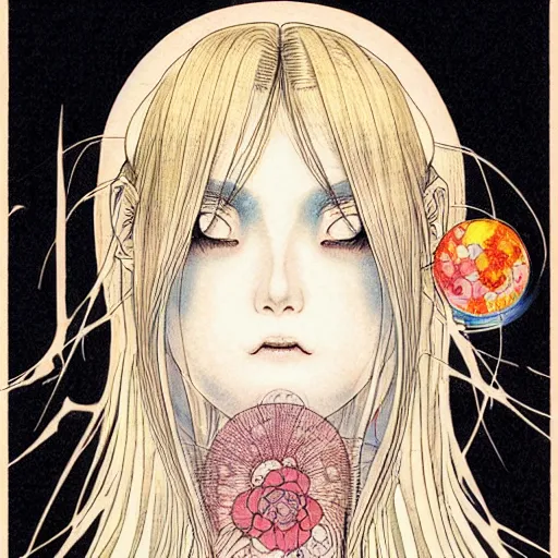 Image similar to prompt: Fragile looking character soft light portrait face drawn by Takato Yamamoto and Katsuhiro Otomo, tattooed face, inspired by Sailor Moon anime, alchemical objects on the side, soft light, intricate detail, intricate gouache painting detail, sharp high detail, manga and anime 2010