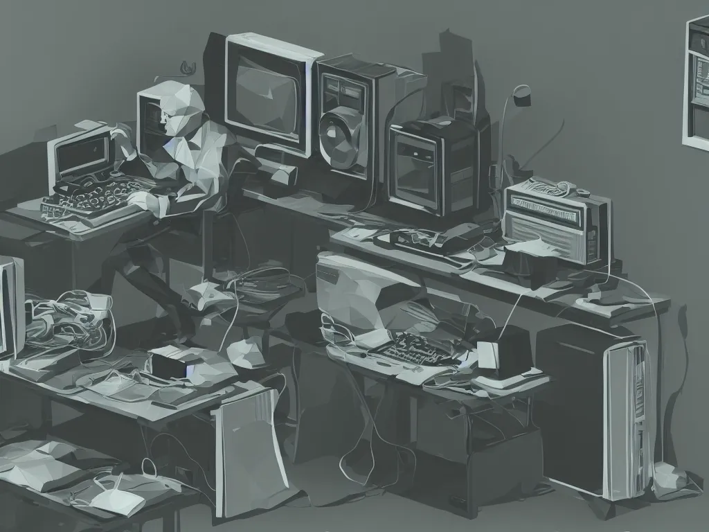 Image similar to programmer pull their hair out sitting in front of an old computer with crt screen, depressing, low poly stylised