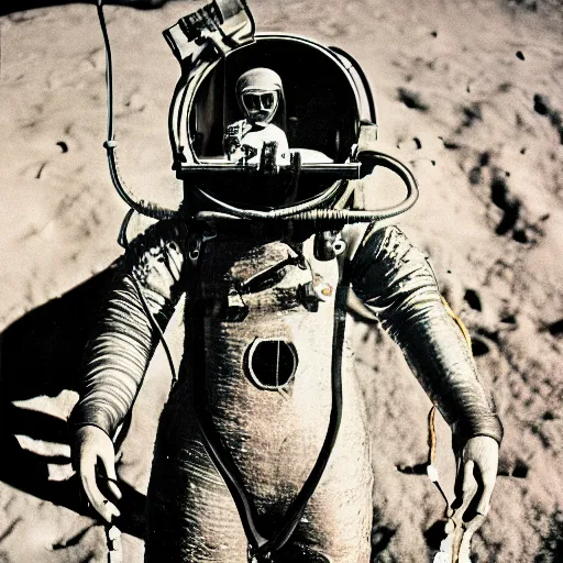 Prompt: detailed photo of a diver wearing an early diving suit on the moon holding an electric guitar. old diving suit. old diving suit photos. detailed. colorized. Adrienne Beacco Photography