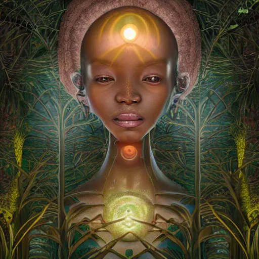 Prompt: symmetry!!, corpse of an african moon goddes deep inside a temple overgrown with vegetation, by casey weldon and chie yoshii and amanda sage, global illumination, radiant light, god rays, bokeh, digital illustration, cg society, unreal engine 5, ray tracing